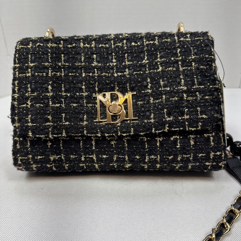 Badgley Mischka Textured Messenger Bag Tweed Black Gold Vegan Leather NEW